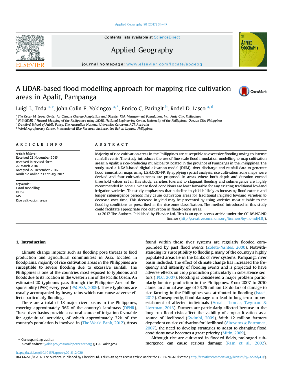 A LiDAR-based flood modelling approach for mapping rice cultivation areas in Apalit, Pampanga