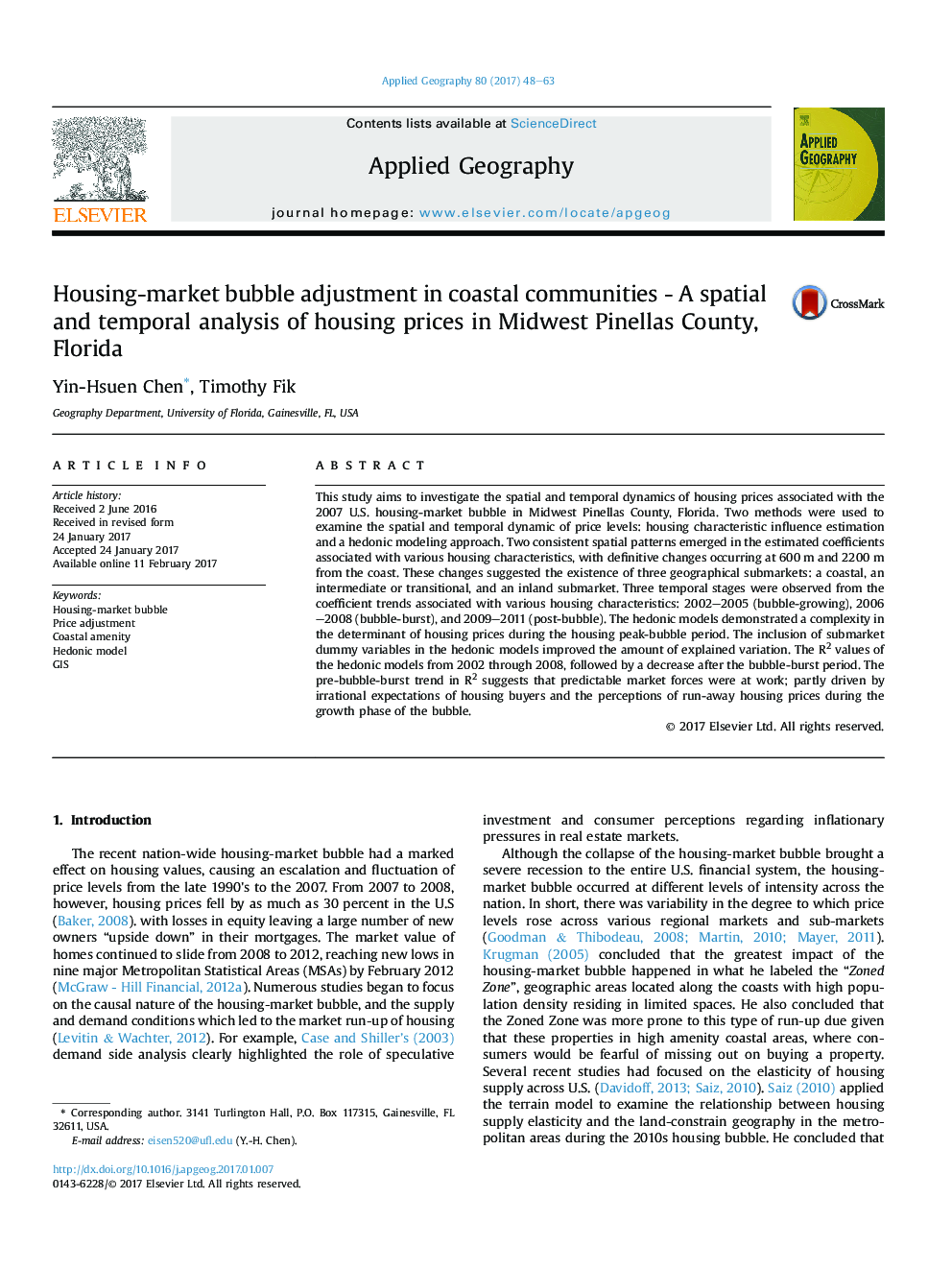 Housing-market bubble adjustment in coastal communities - A spatial and temporal analysis of housing prices in Midwest Pinellas County, Florida