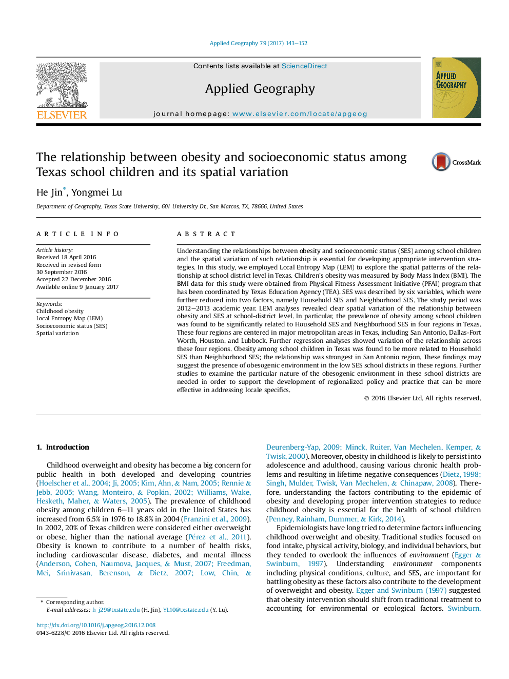 The relationship between obesity and socioeconomic status among Texas school children and its spatial variation