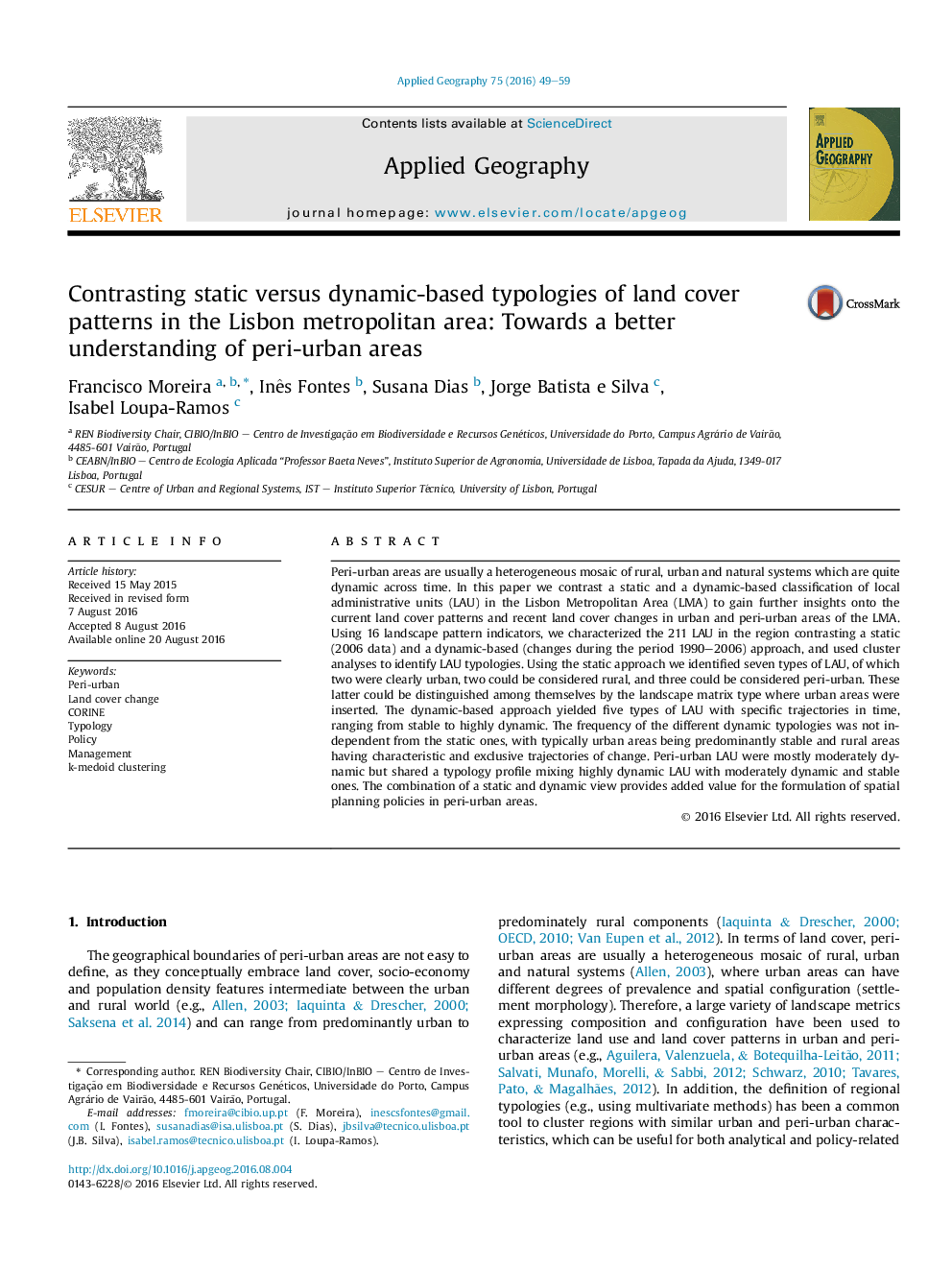 Contrasting static versus dynamic-based typologies of land cover patterns in the Lisbon metropolitan area: Towards a better understanding of peri-urban areas