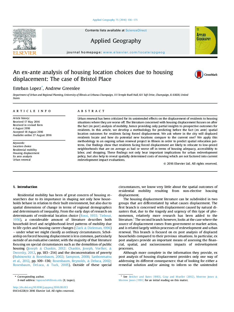 An ex-ante analysis of housing location choices due to housing displacement: The case of Bristol Place