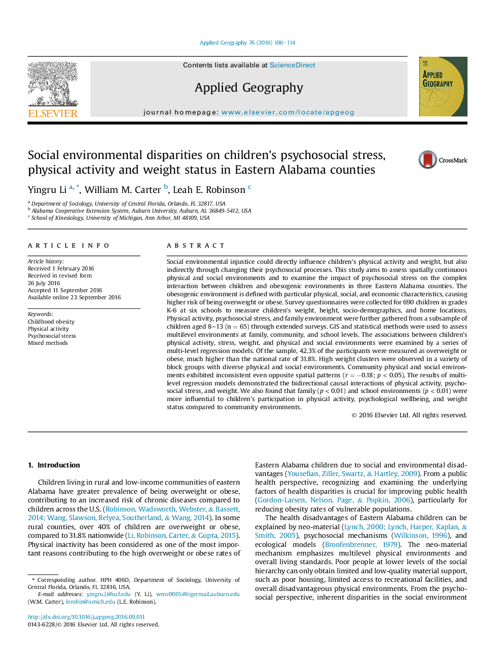 Social environmental disparities on children's psychosocial stress, physical activity and weight status in Eastern Alabama counties