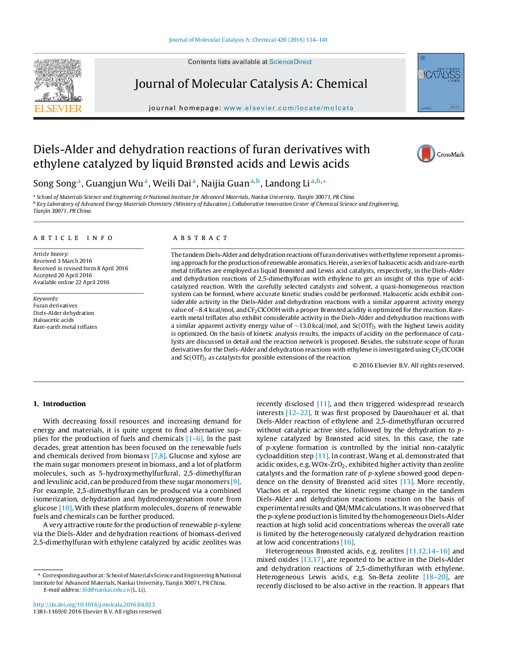 Diels-Alder and dehydration reactions of furan derivatives with ethylene catalyzed by liquid Brønsted acids and Lewis acids