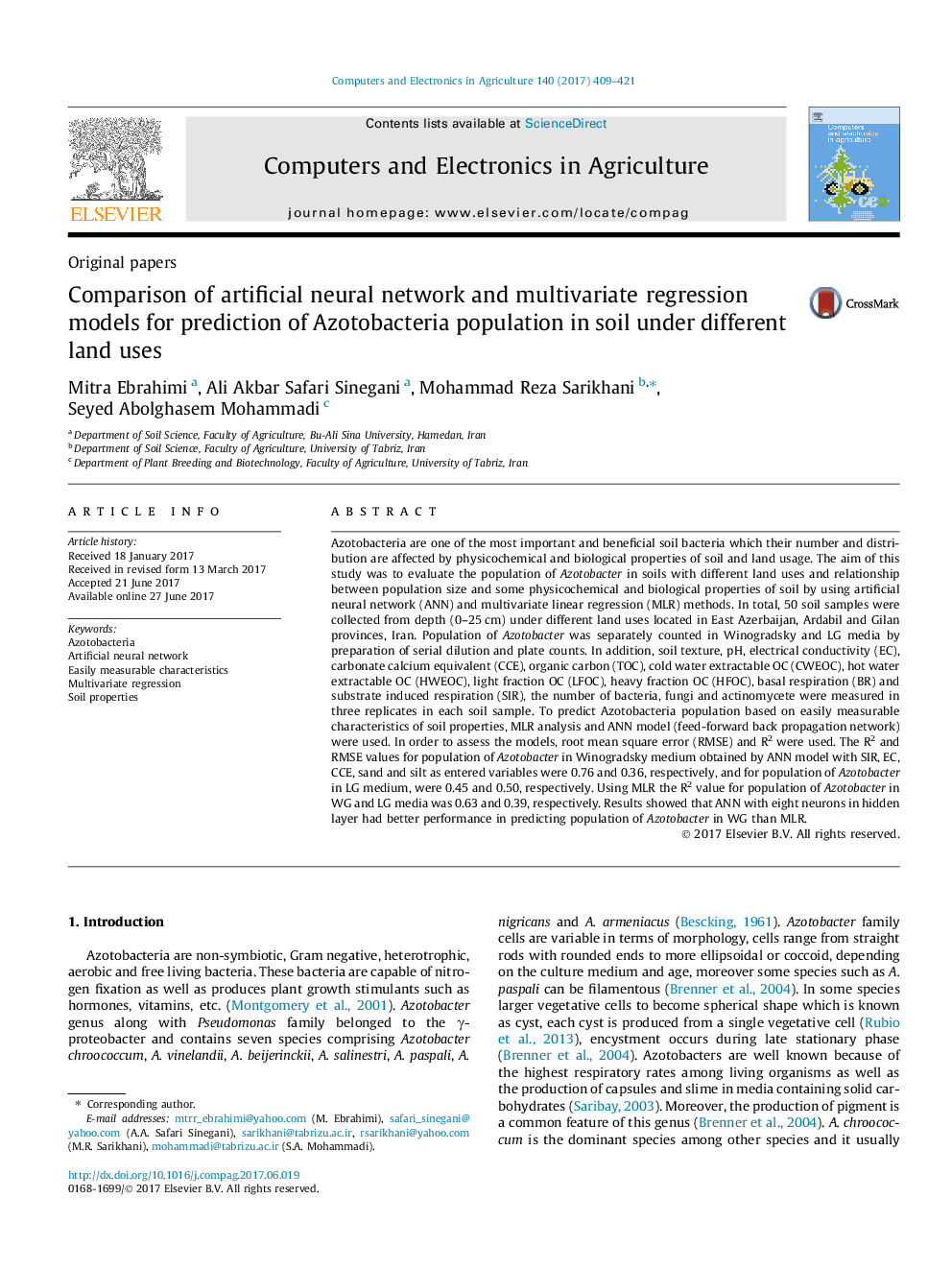 مقایسه شبکه عصبی مصنوعی و مدل های رگرسیون چند متغیره برای پیش بینی جمعیت آزوتوباکتری در خاک با استفاده از کاربری های مختلف