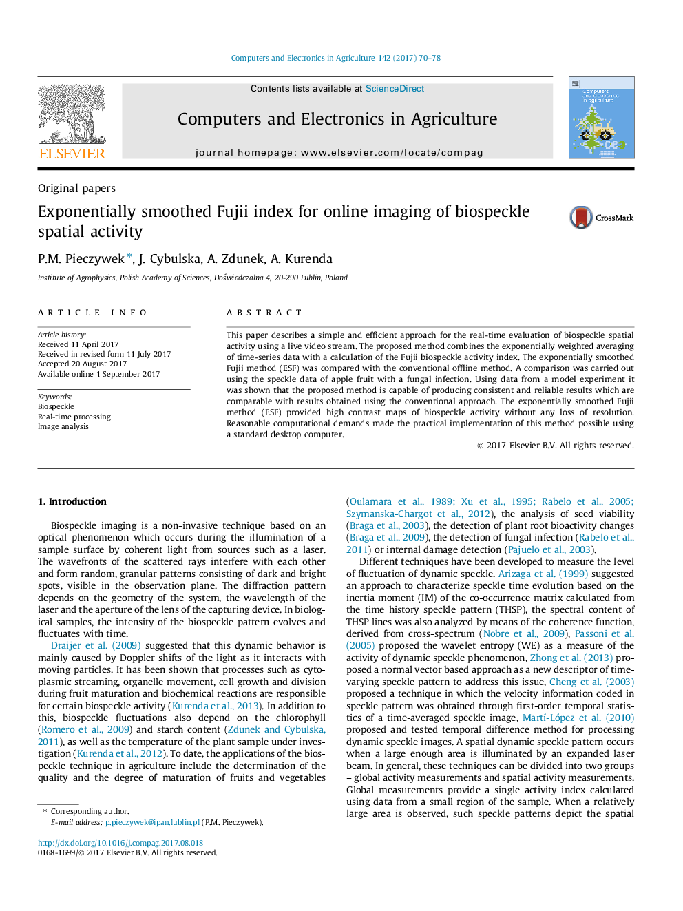 Exponentially smoothed Fujii index for online imaging of biospeckle spatial activity