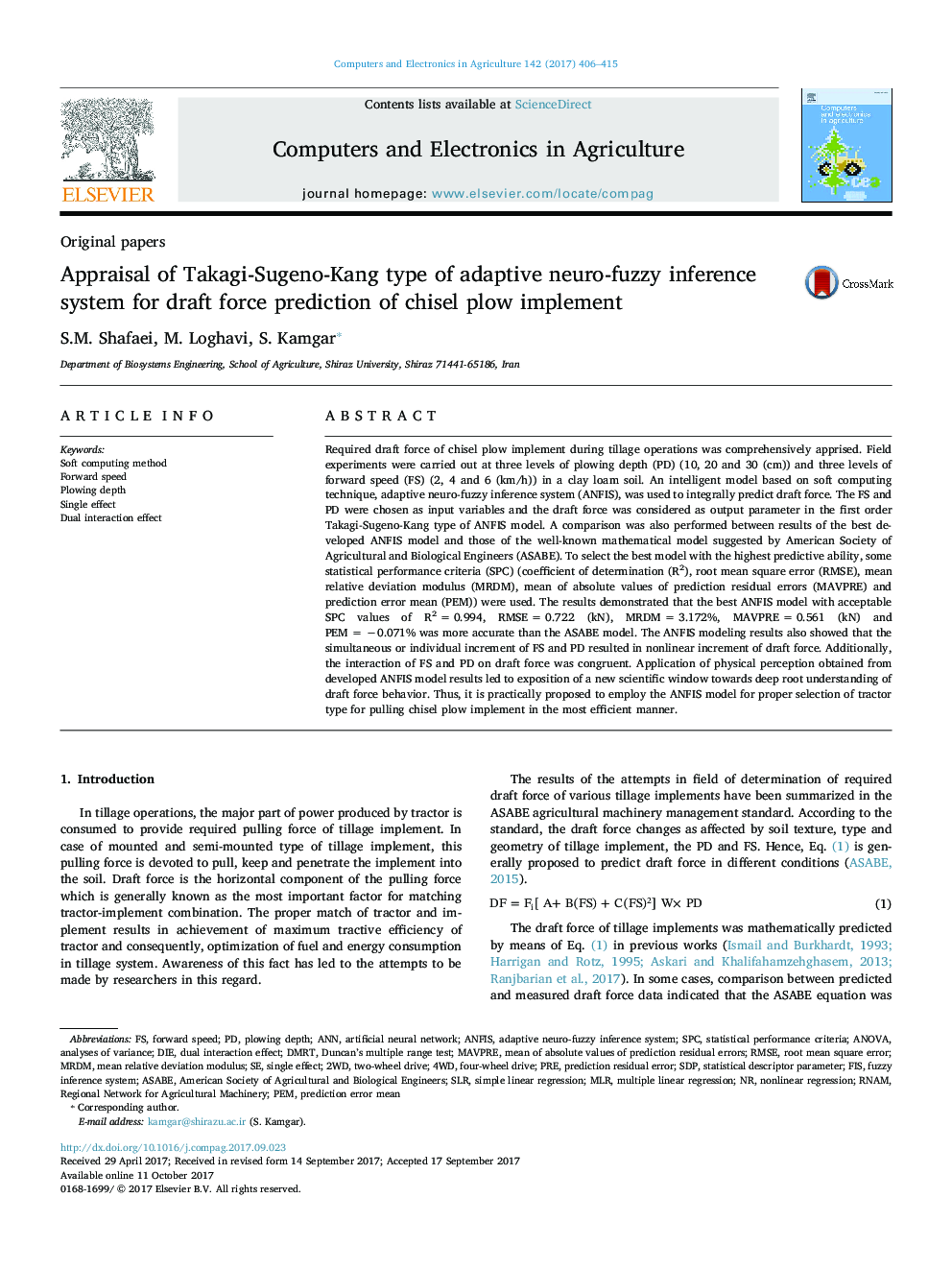 Appraisal of Takagi-Sugeno-Kang type of adaptive neuro-fuzzy inference system for draft force prediction of chisel plow implement