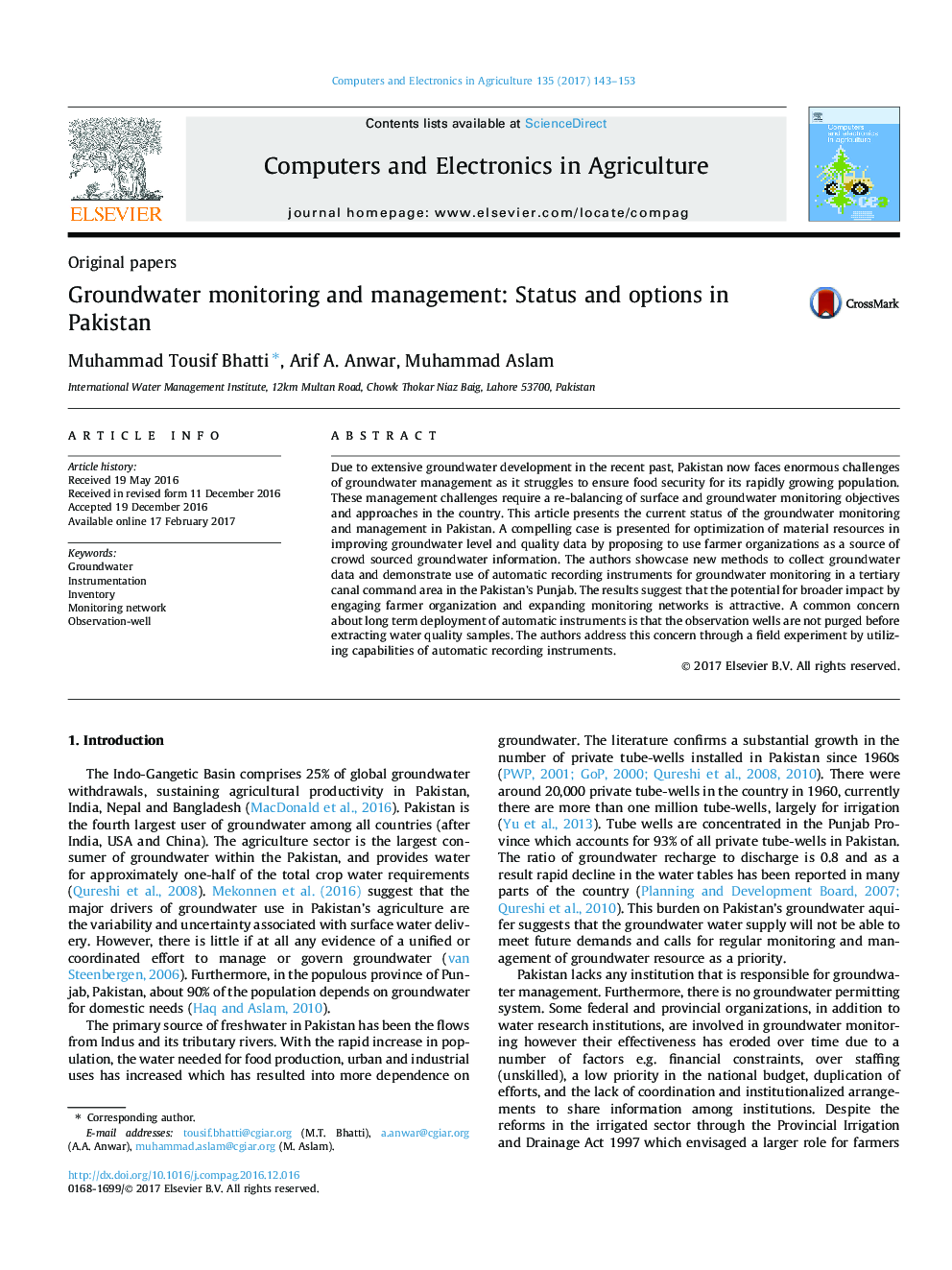 Groundwater monitoring and management: Status and options in Pakistan