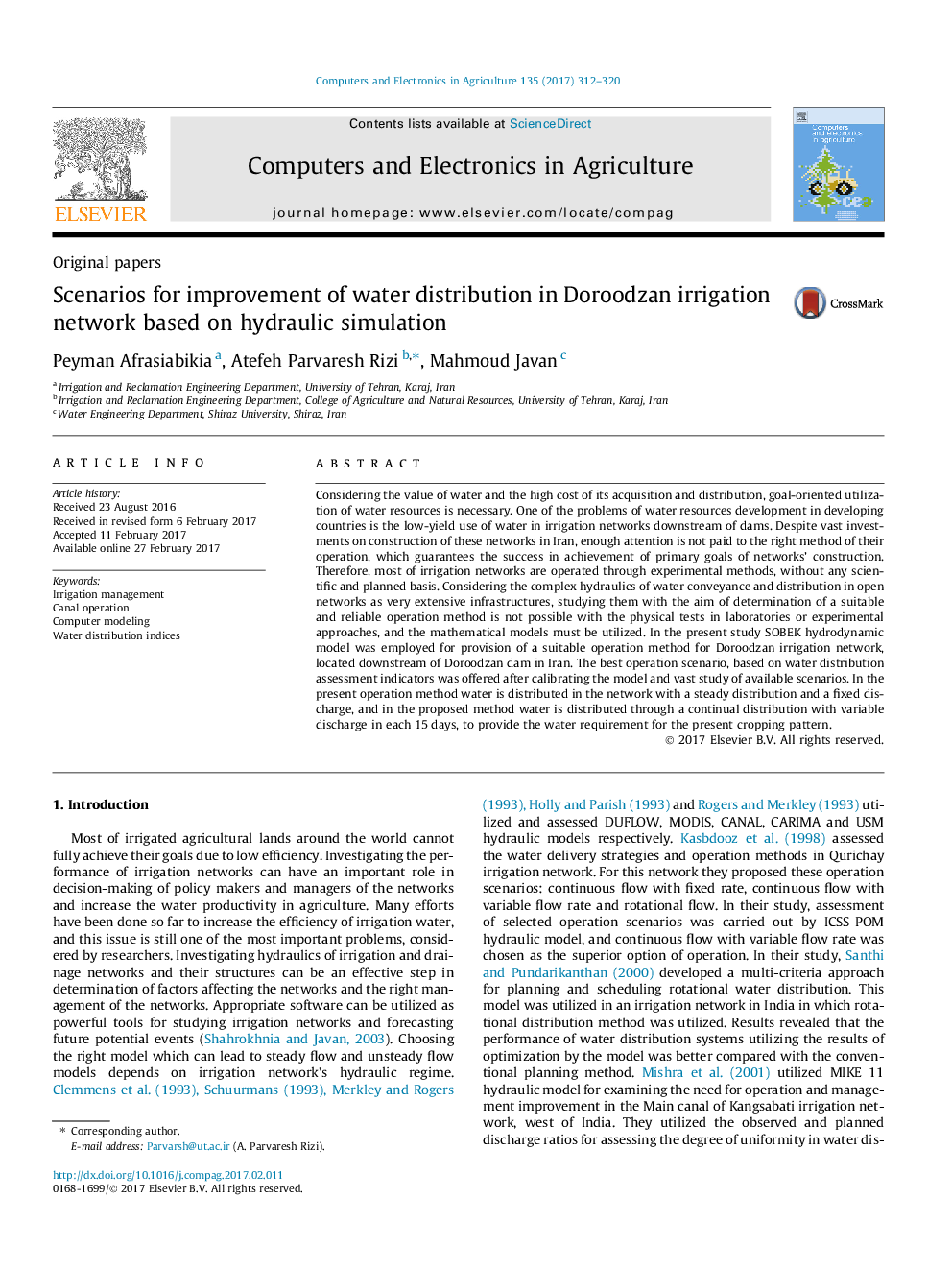 Original papersScenarios for improvement of water distribution in Doroodzan irrigation network based on hydraulic simulation