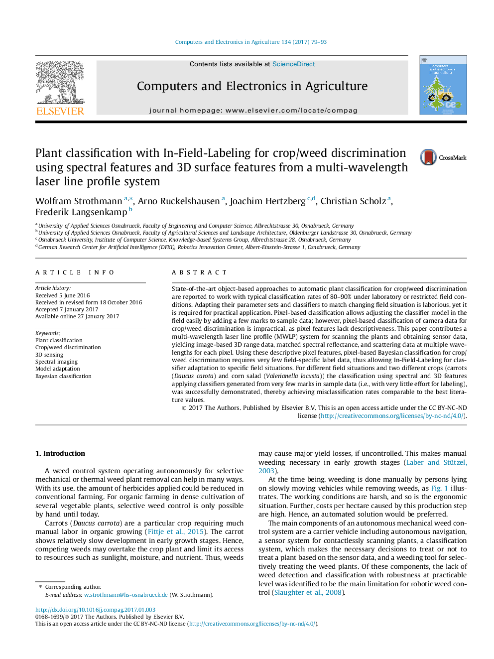 Plant classification with In-Field-Labeling for crop/weed discrimination using spectral features and 3D surface features from a multi-wavelength laser line profile system