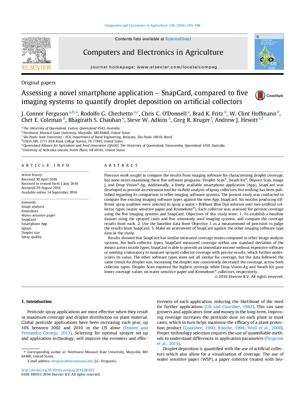 Assessing a novel smartphone application - SnapCard, compared to five imaging systems to quantify droplet deposition on artificial collectors