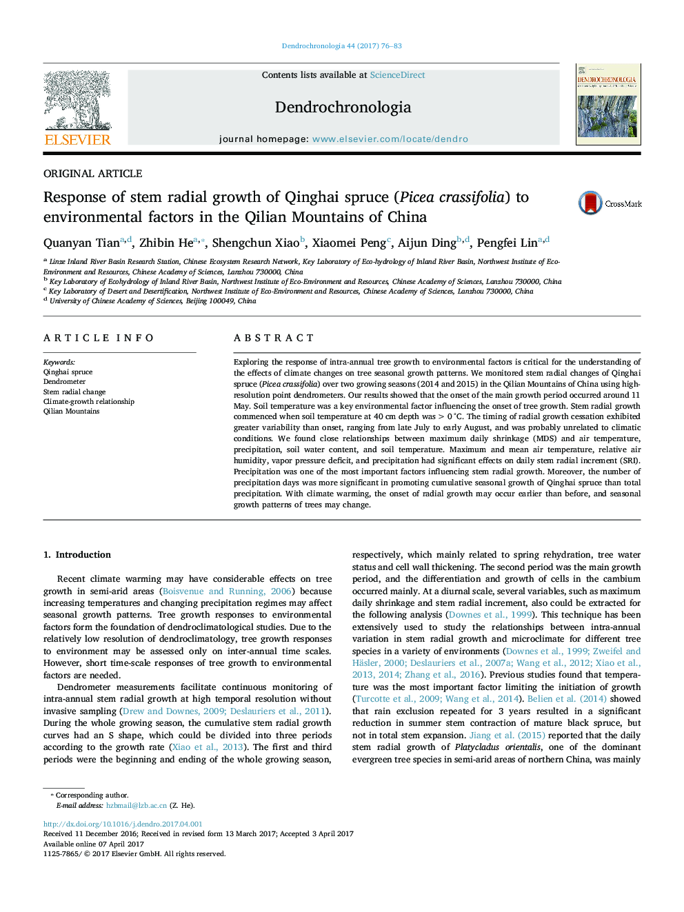 Response of stem radial growth of Qinghai spruce (Picea crassifolia) to environmental factors in the Qilian Mountains of China