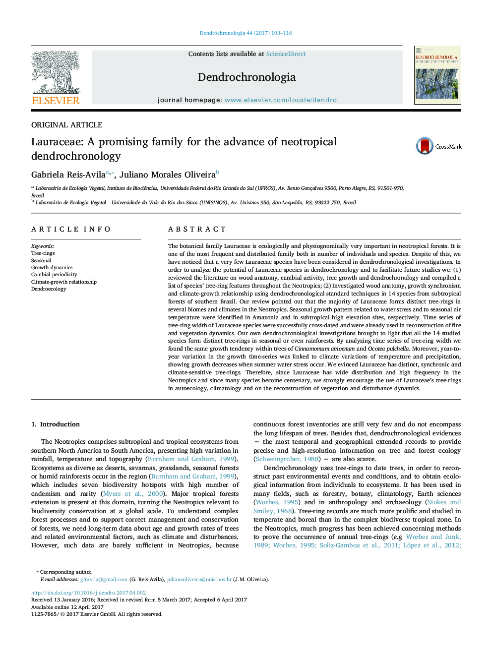 Lauraceae: A promising family for the advance of neotropical dendrochronology