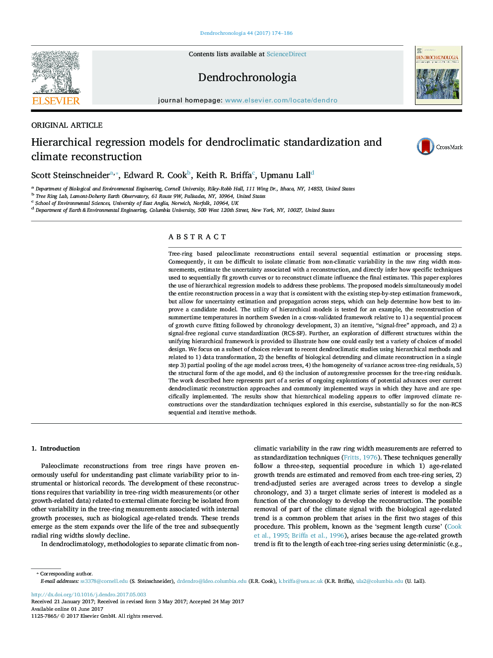 Hierarchical regression models for dendroclimatic standardization and climate reconstruction