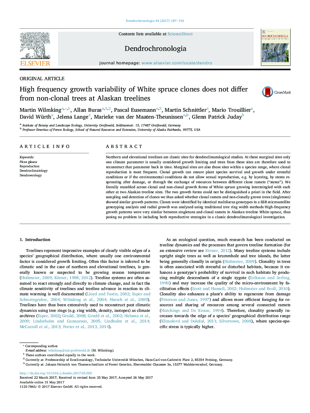 High frequency growth variability of White spruce clones does not differ from non-clonal trees at Alaskan treelines