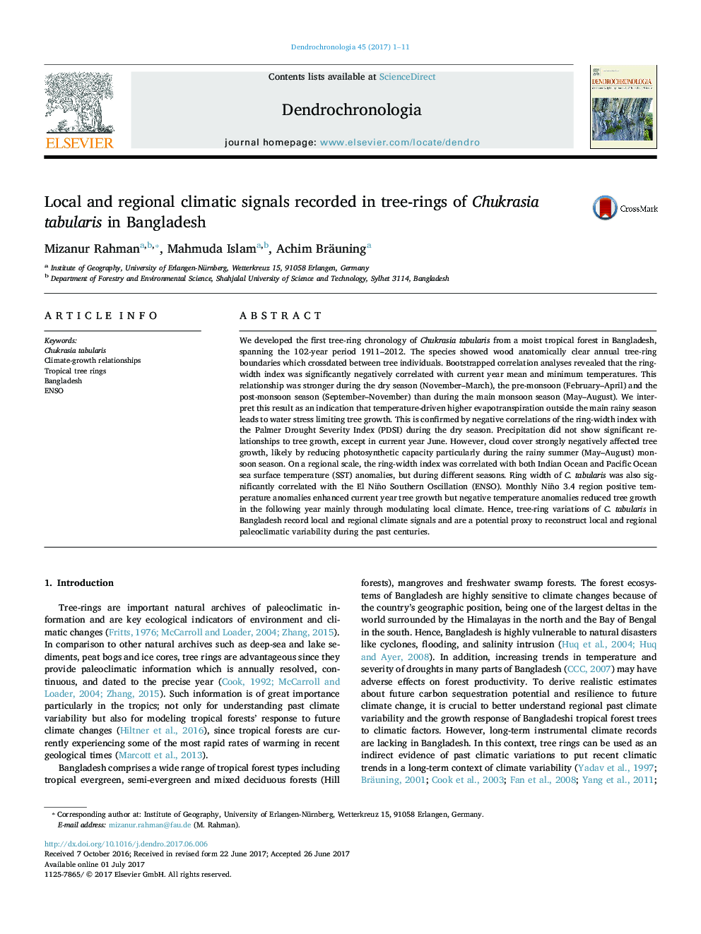 Local and regional climatic signals recorded in tree-rings of Chukrasia tabularis in Bangladesh