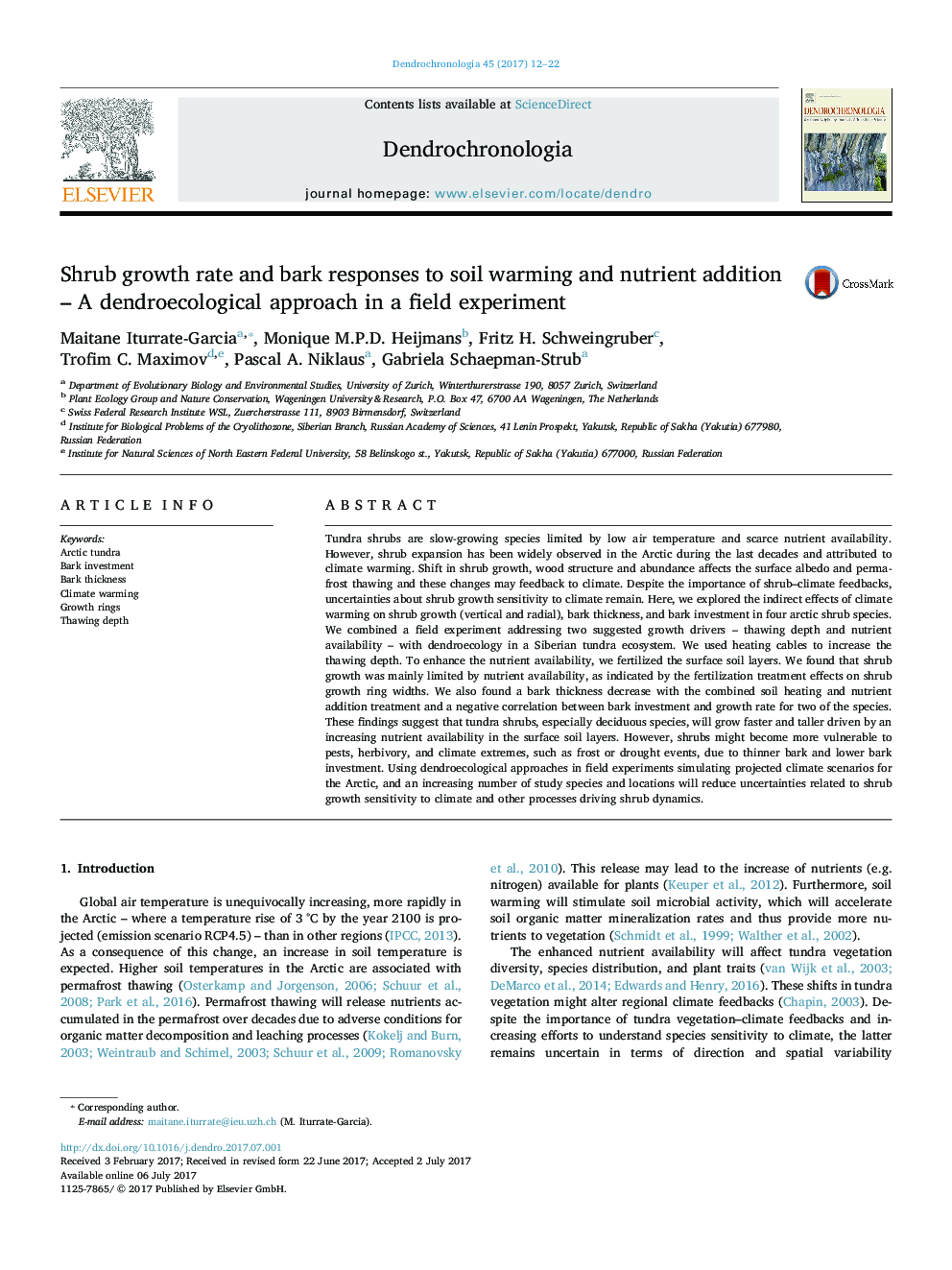 Shrub growth rate and bark responses to soil warming and nutrient addition - A dendroecological approach in a field experiment