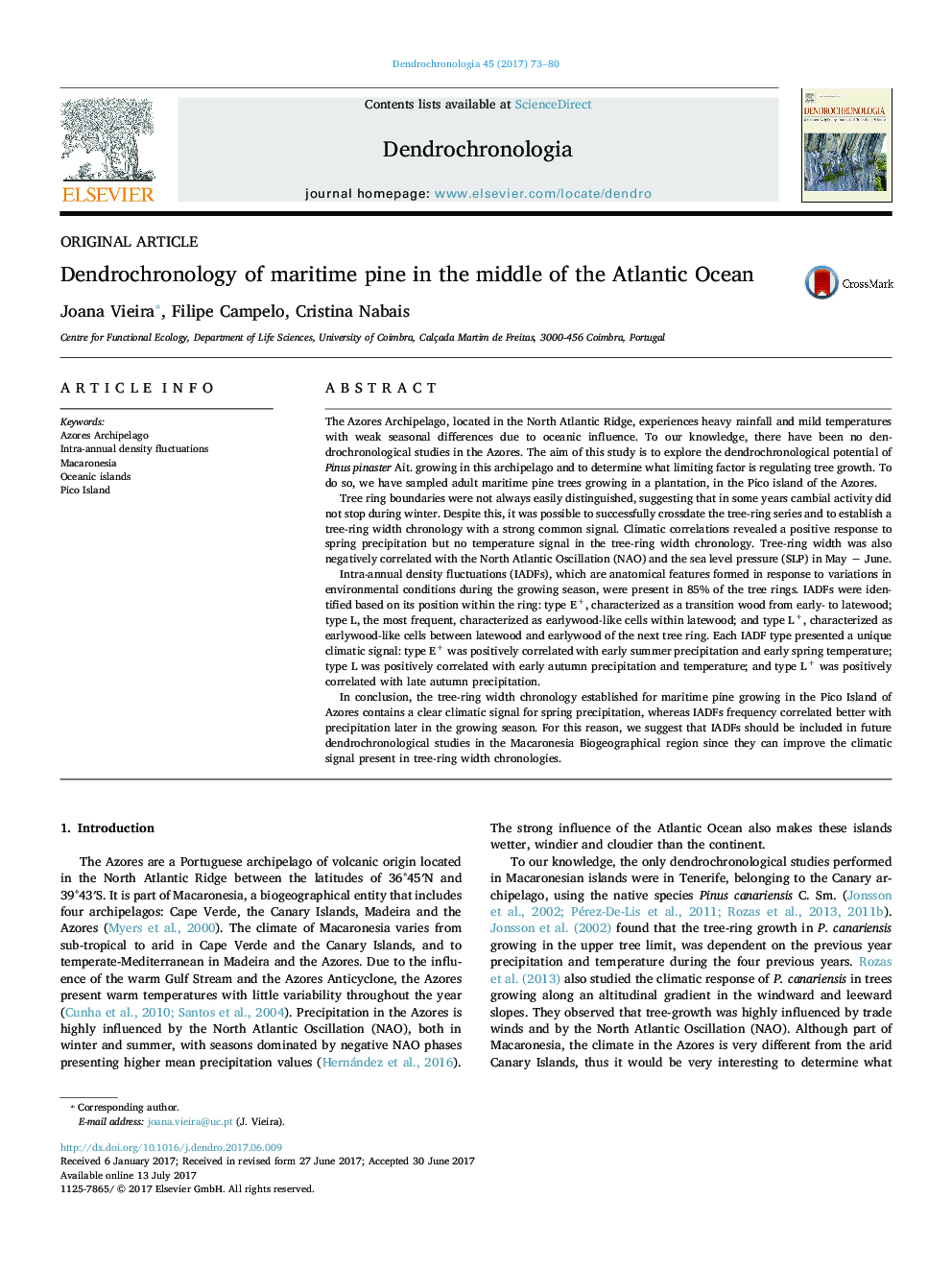 Dendrochronology of maritime pine in the middle of the Atlantic Ocean