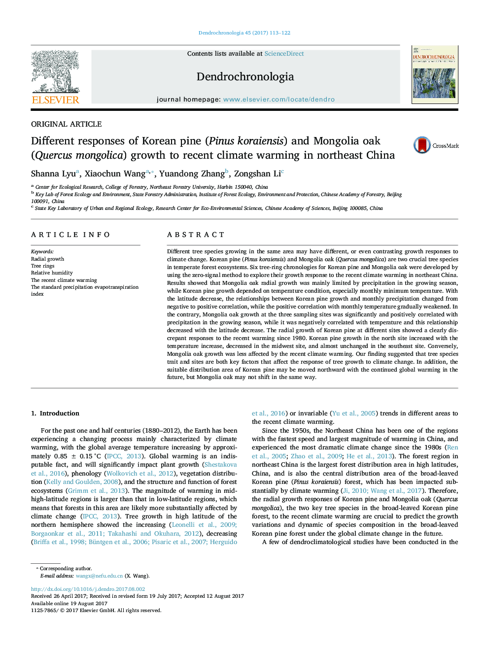 Different responses of Korean pine (Pinus koraiensis) and Mongolia oak (Quercus mongolica) growth to recent climate warming in northeast China