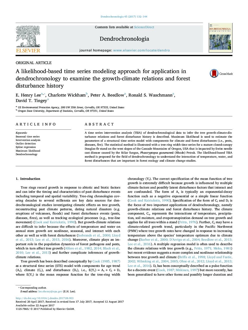 A likelihood-based time series modeling approach for application in dendrochronology to examine the growth-climate relations and forest disturbance history