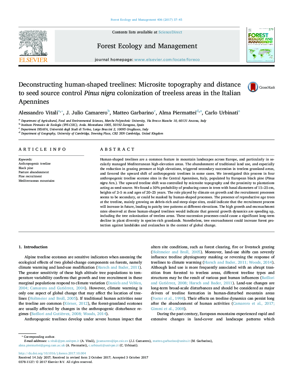 Deconstructing human-shaped treelines: Microsite topography and distance to seed source control Pinus nigra colonization of treeless areas in the Italian Apennines