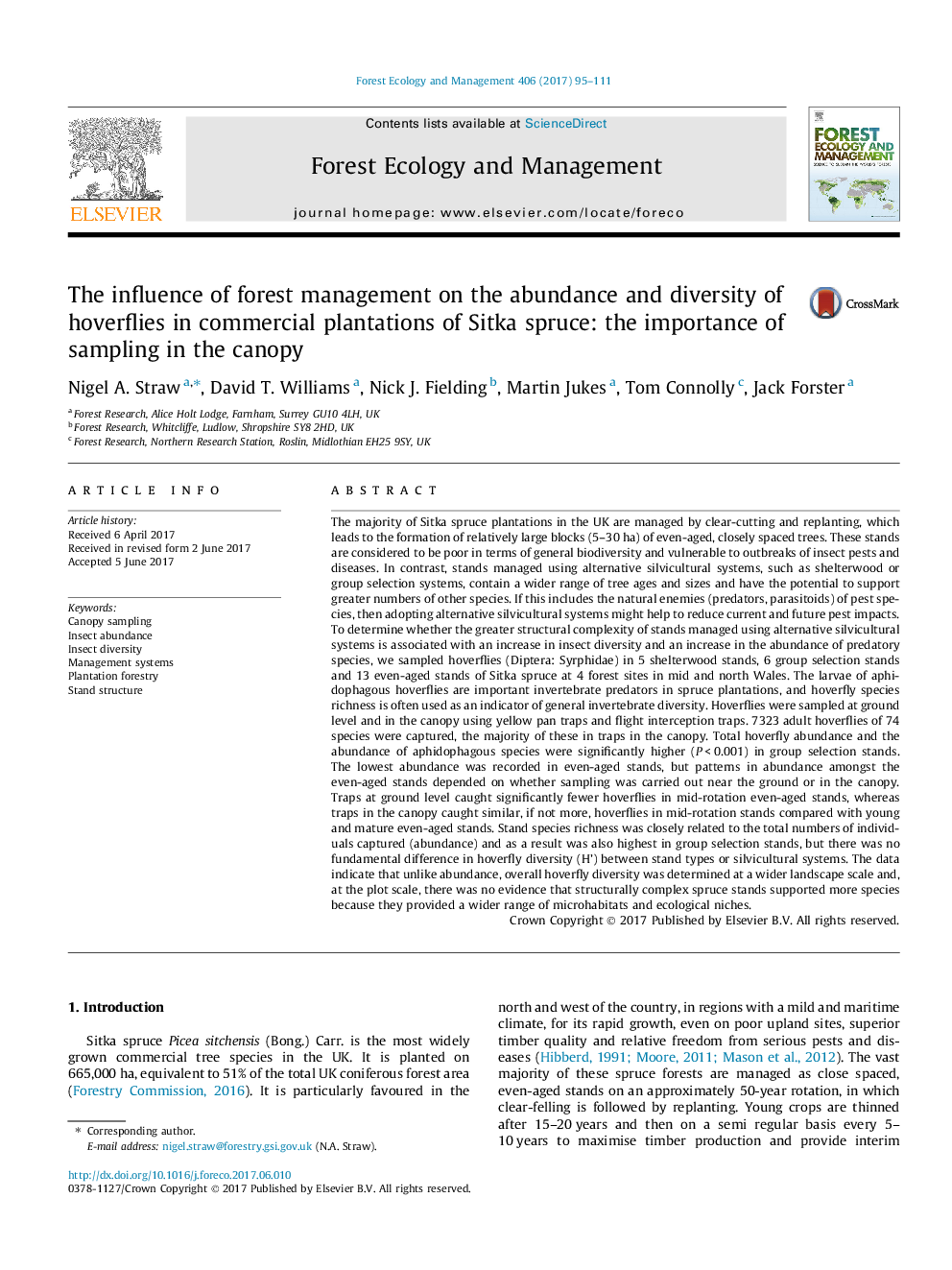 The influence of forest management on the abundance and diversity of hoverflies in commercial plantations of Sitka spruce: the importance of sampling in the canopy