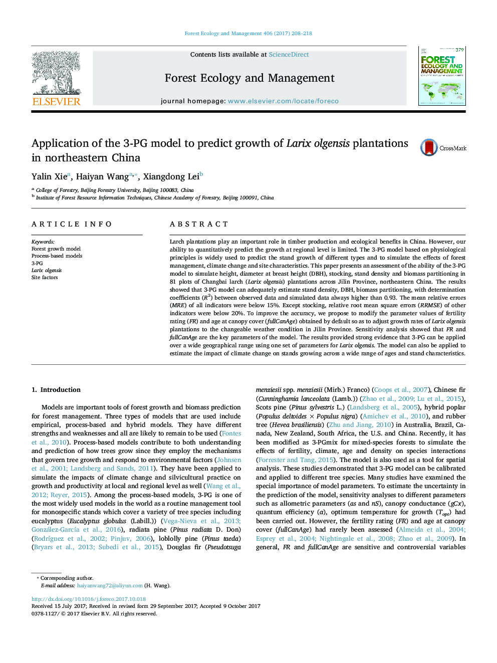 Application of the 3-PG model to predict growth of Larix olgensis plantations in northeastern China