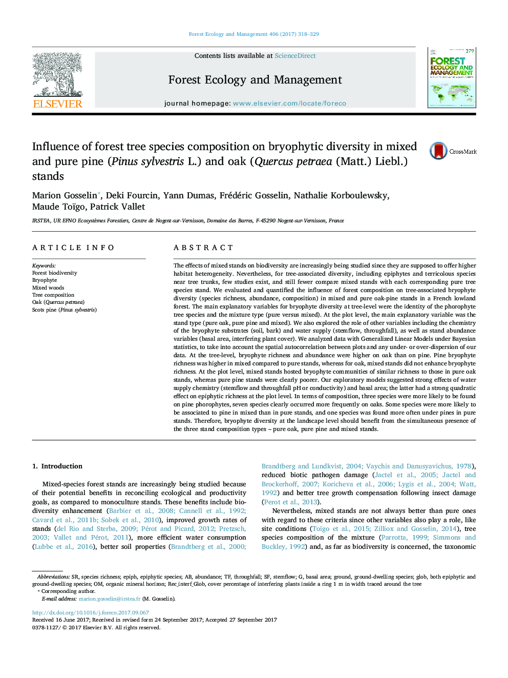 Influence of forest tree species composition on bryophytic diversity in mixed and pure pine (Pinus sylvestris L.) and oak (Quercus petraea (Matt.) Liebl.) stands