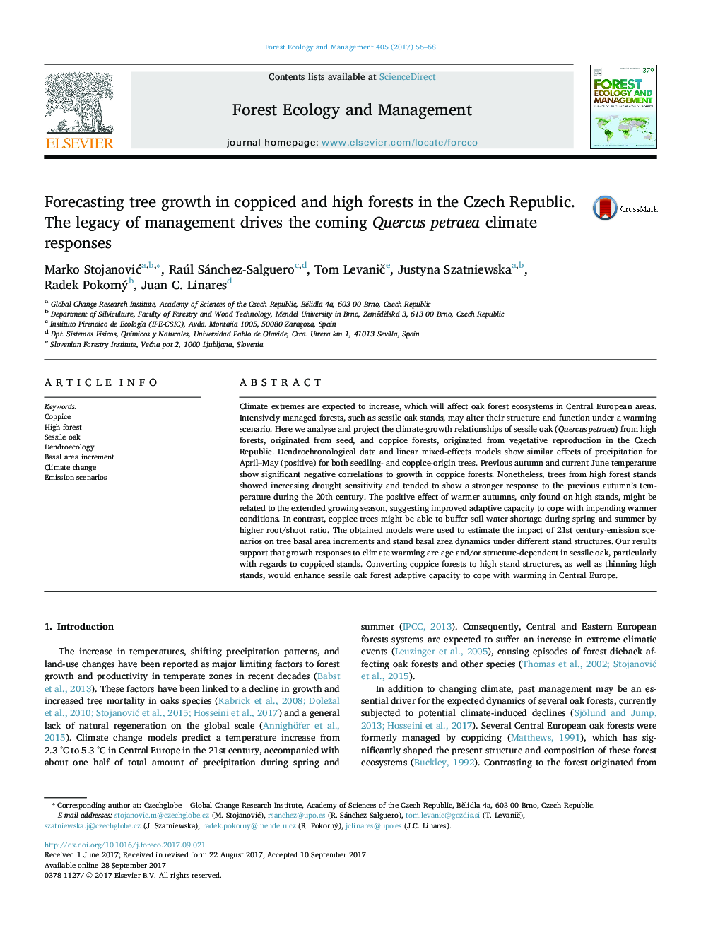 Forecasting tree growth in coppiced and high forests in the Czech Republic. The legacy of management drives the coming Quercus petraea climate responses