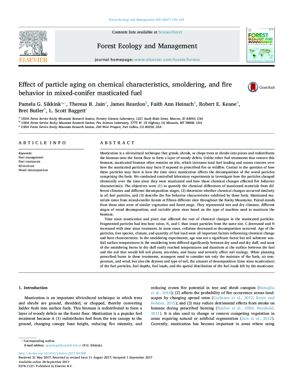 Effect of particle aging on chemical characteristics, smoldering, and fire behavior in mixed-conifer masticated fuel