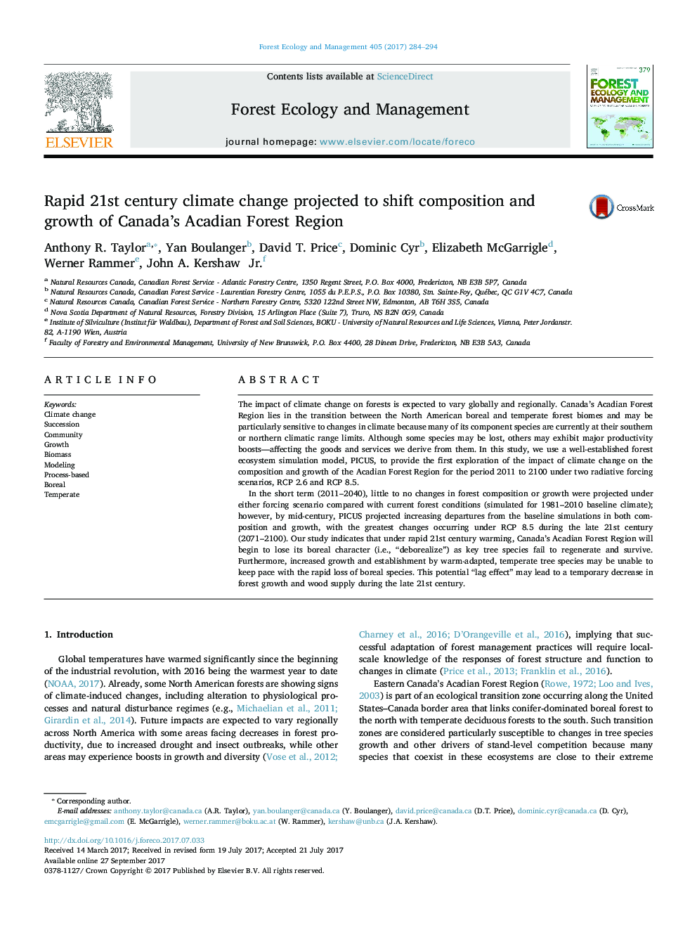 Rapid 21st century climate change projected to shift composition and growth of Canada's Acadian Forest Region