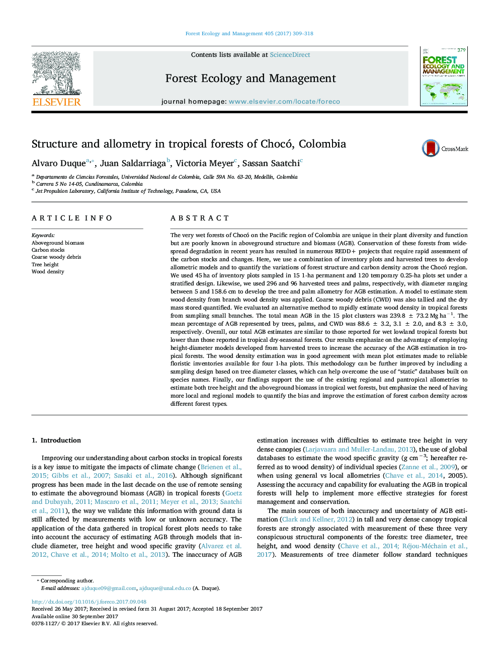 Structure and allometry in tropical forests of Chocó, Colombia