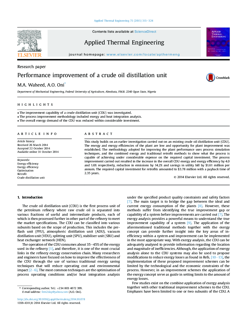 Performance improvement of a crude oil distillation unit