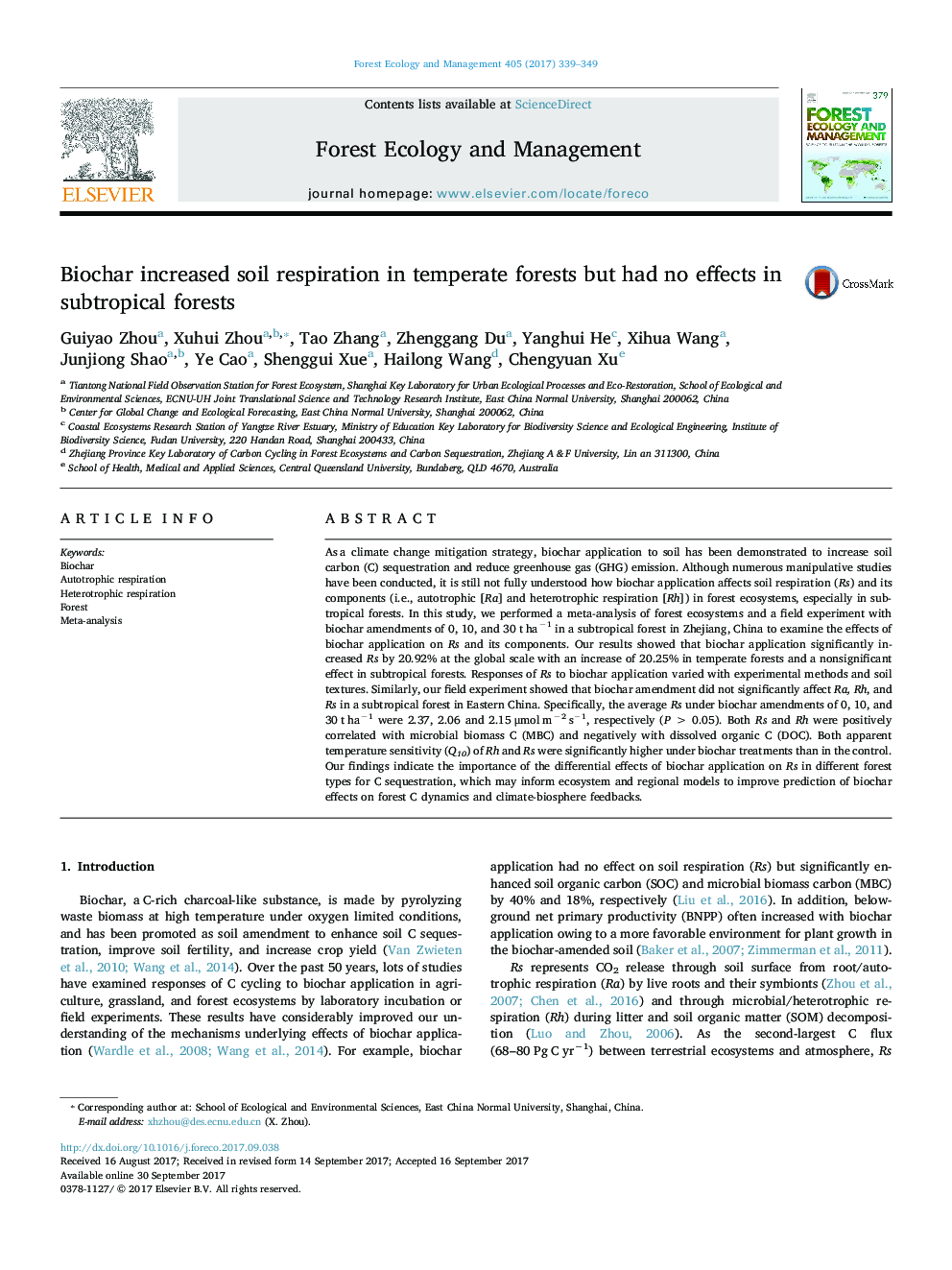 عکس صفحه اول مقاله: Biochar increased soil respiration in temperate forests but had no effects in subtropical forests Biochar increased soil respiration in temperate forests but had no effects in subtropical forests
