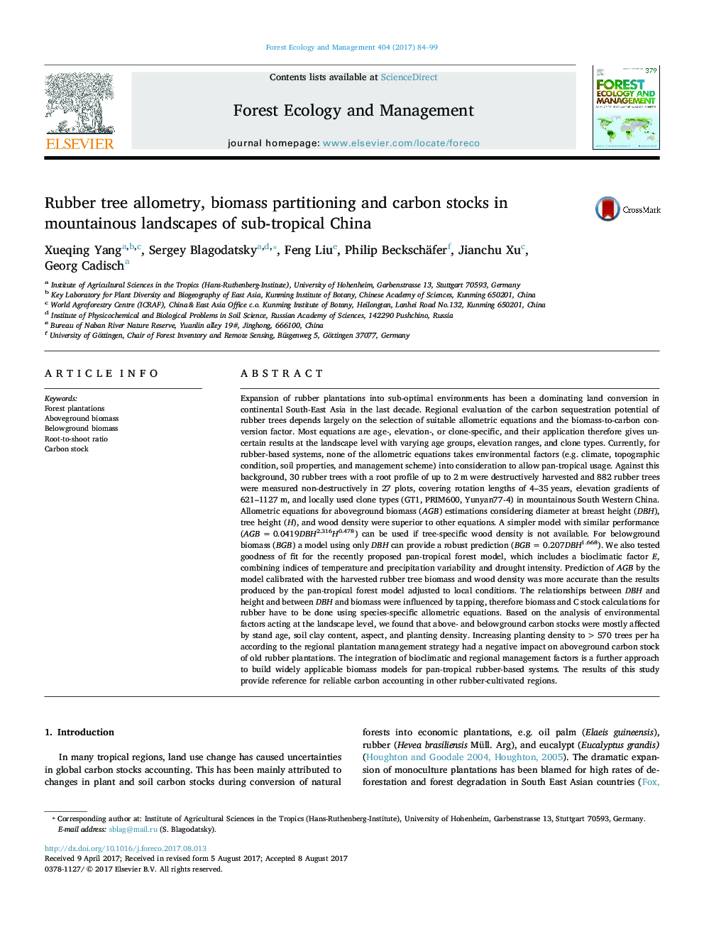 Rubber tree allometry, biomass partitioning and carbon stocks in mountainous landscapes of sub-tropical China