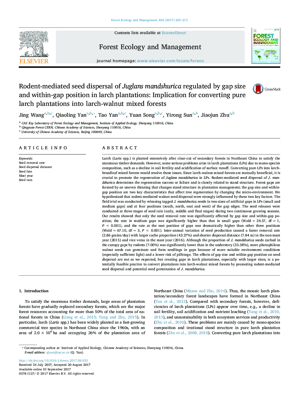 Rodent-mediated seed dispersal of Juglans mandshurica regulated by gap size and within-gap position in larch plantations: Implication for converting pure larch plantations into larch-walnut mixed forests