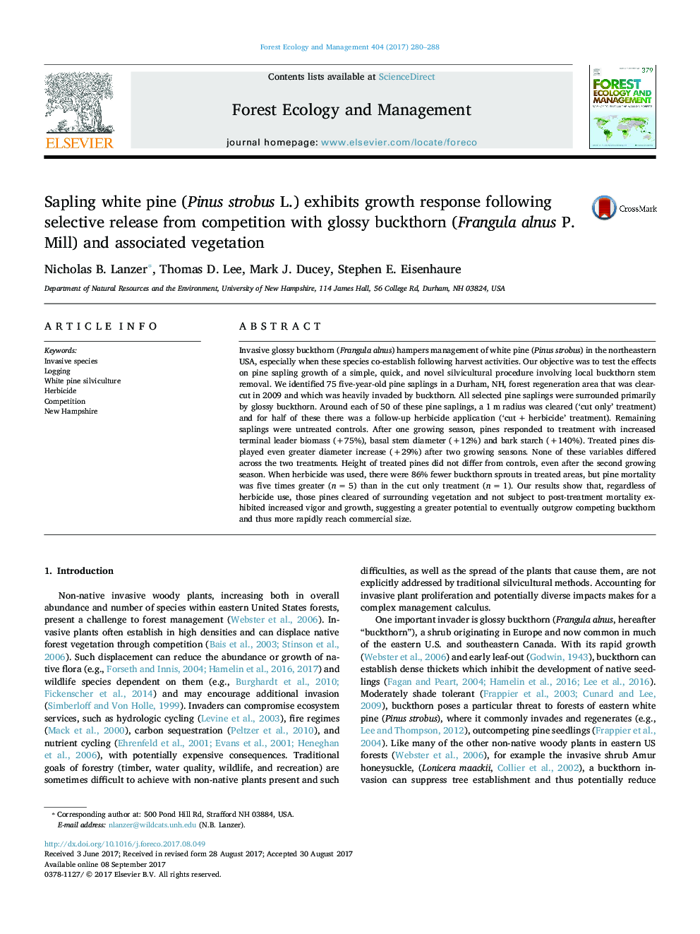 Sapling white pine (Pinus strobus L.) exhibits growth response following selective release from competition with glossy buckthorn (Frangula alnus P. Mill) and associated vegetation