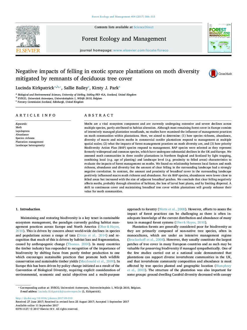 Negative impacts of felling in exotic spruce plantations on moth diversity mitigated by remnants of deciduous tree cover