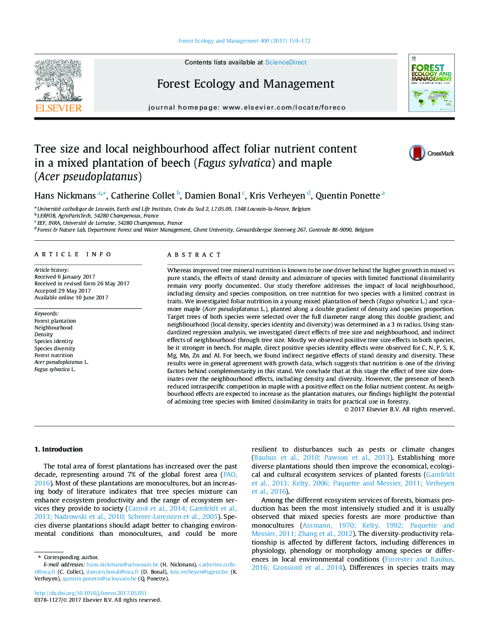 Tree size and local neighbourhood affect foliar nutrient content in a mixed plantation of beech (Fagus sylvatica) and maple (Acer pseudoplatanus)