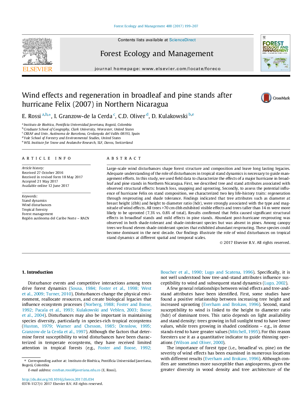 Wind effects and regeneration in broadleaf and pine stands after hurricane Felix (2007) in Northern Nicaragua