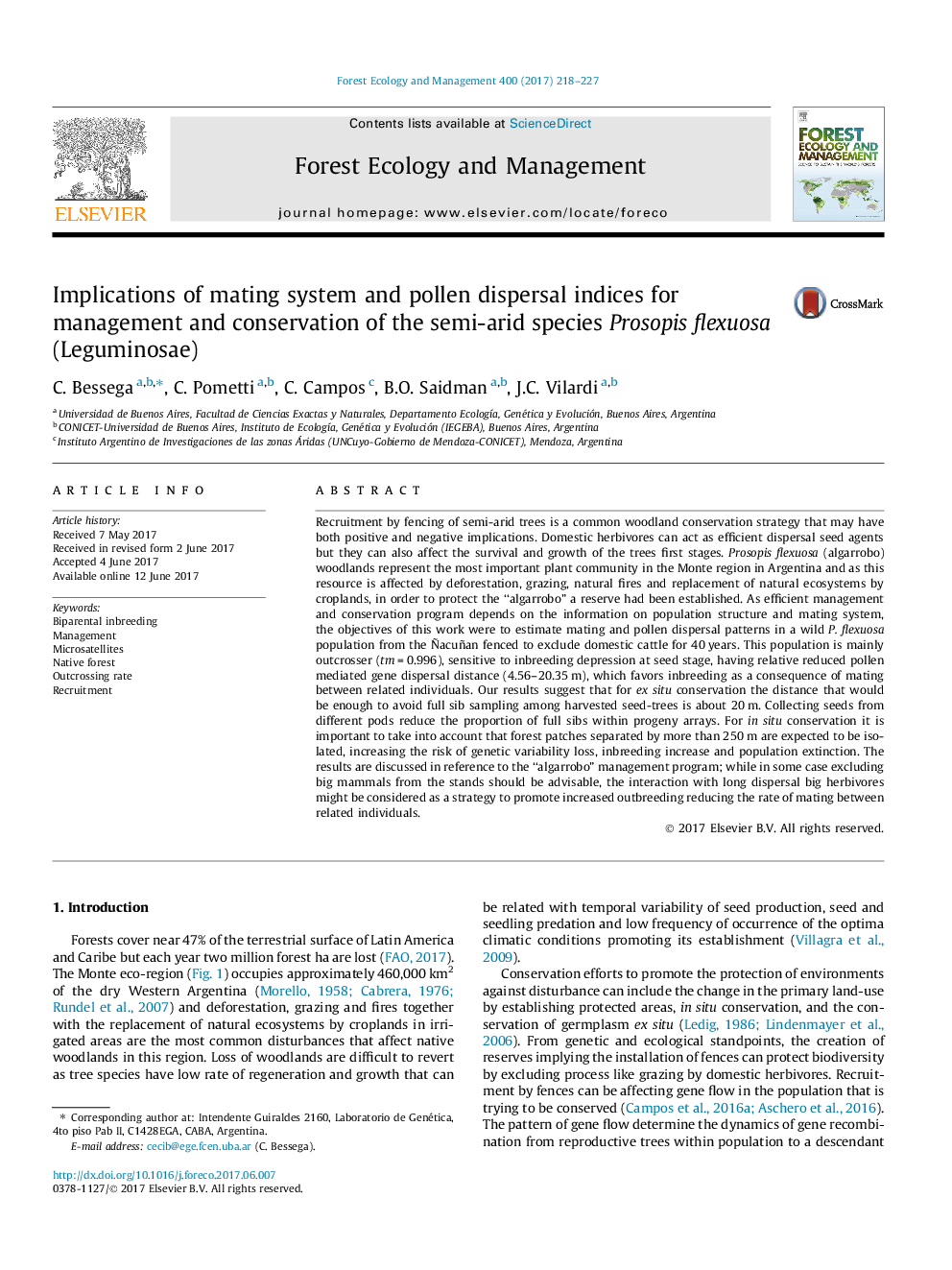 Implications of mating system and pollen dispersal indices for management and conservation of the semi-arid species Prosopis flexuosa (Leguminosae)