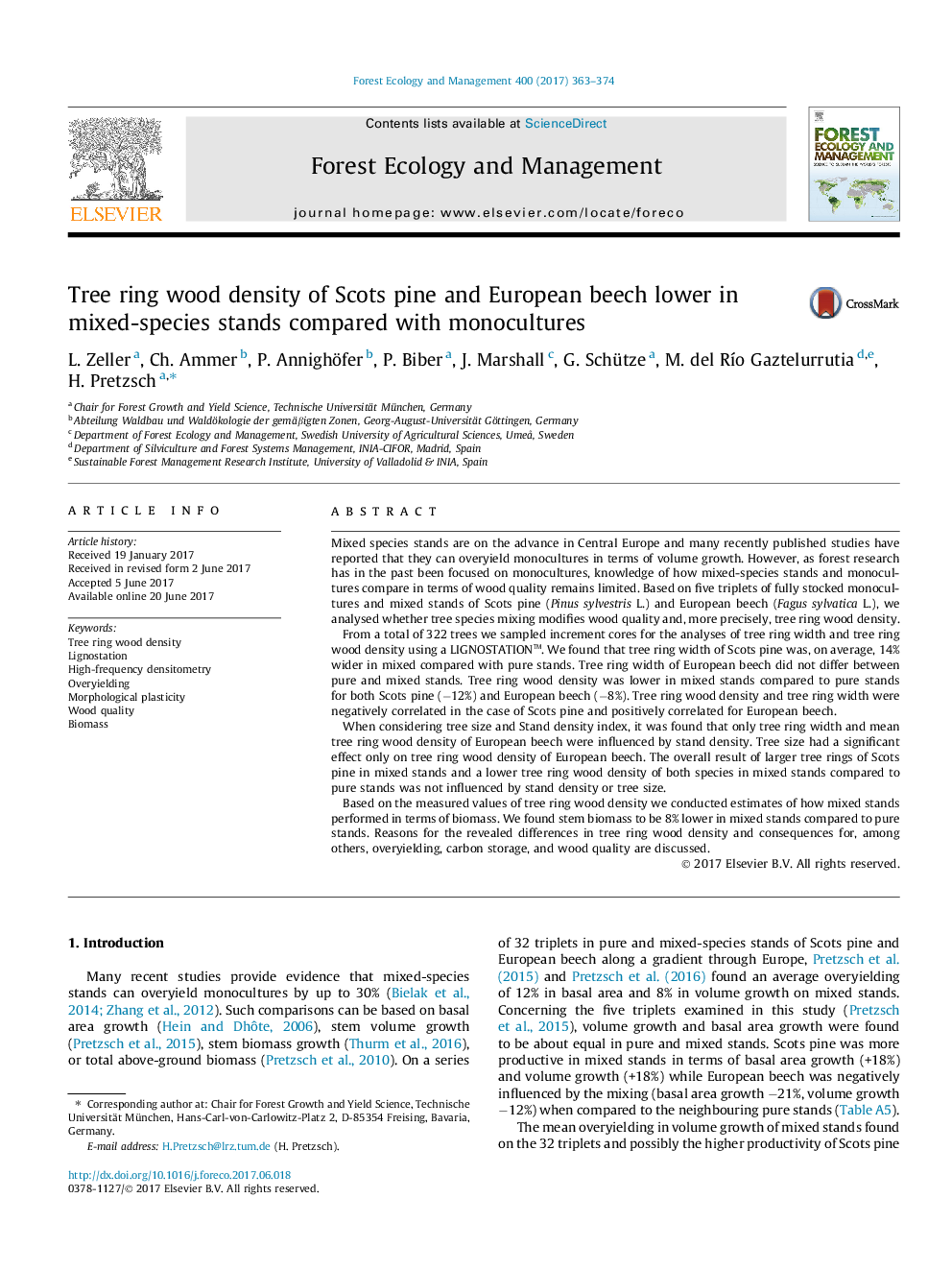 Tree ring wood density of Scots pine and European beech lower in mixed-species stands compared with monocultures