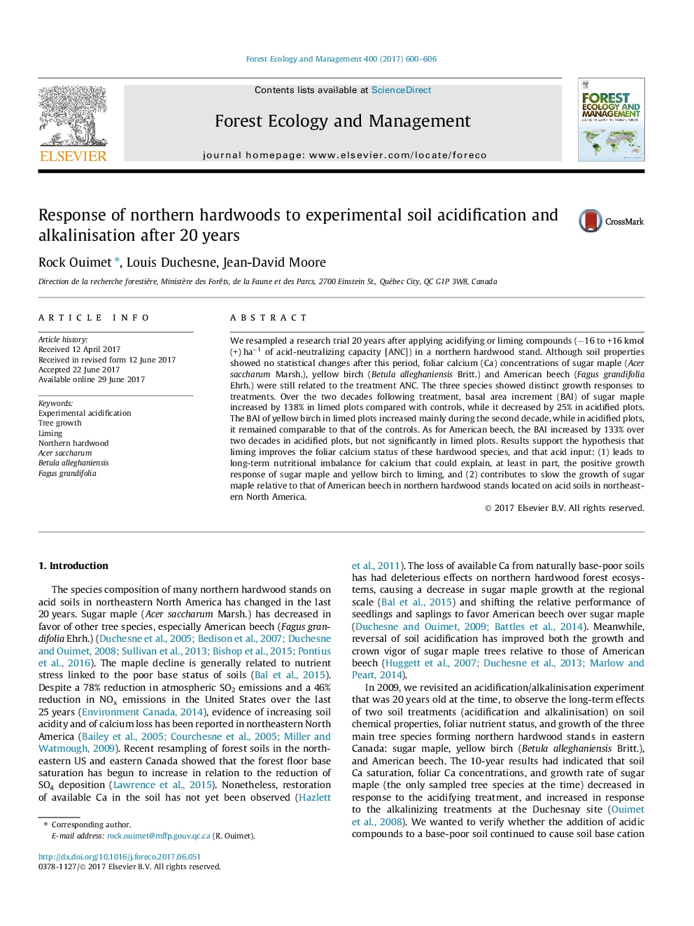 Response of northern hardwoods to experimental soil acidification and alkalinisation after 20 years