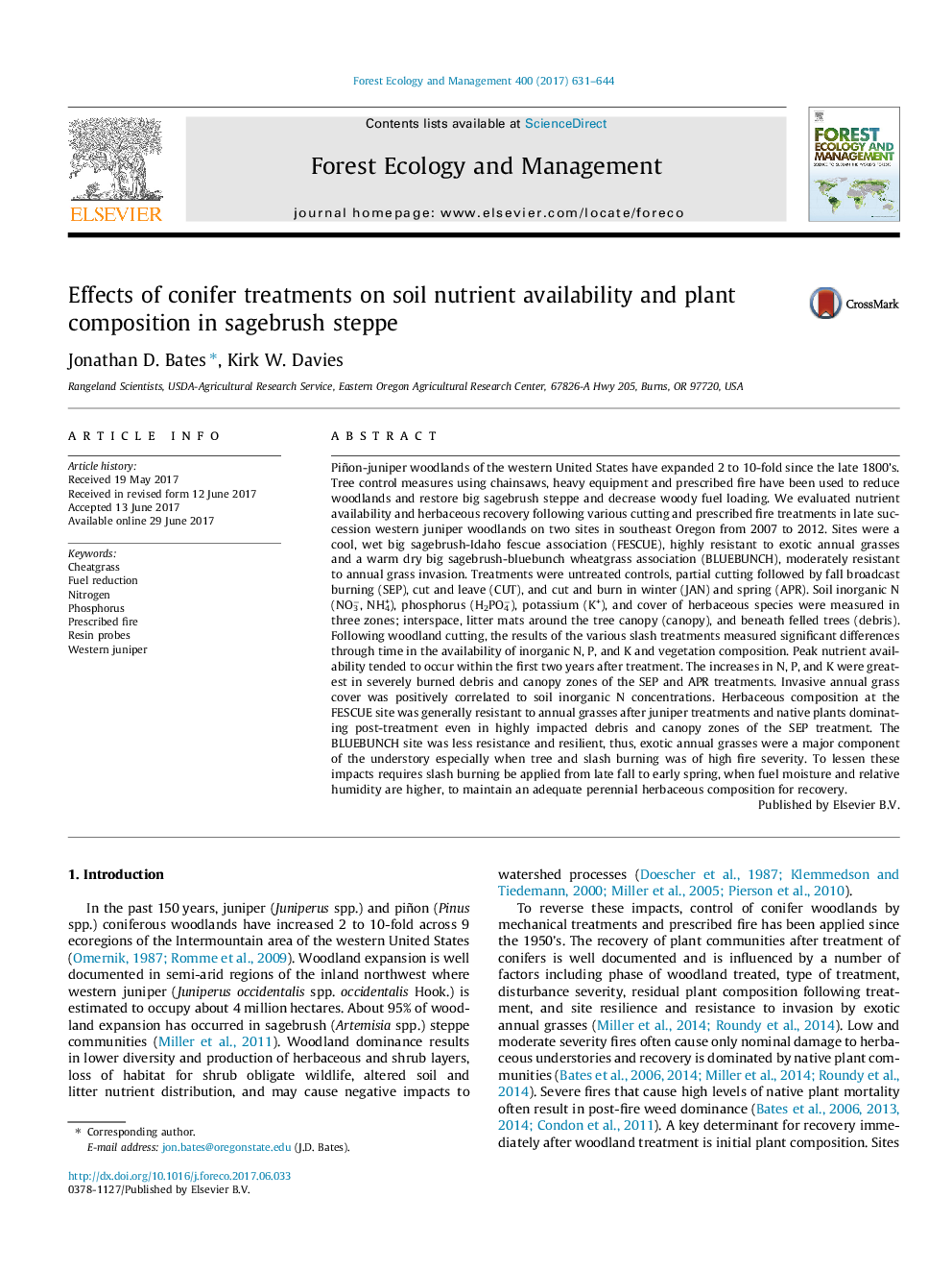 Effects of conifer treatments on soil nutrient availability and plant composition in sagebrush steppe