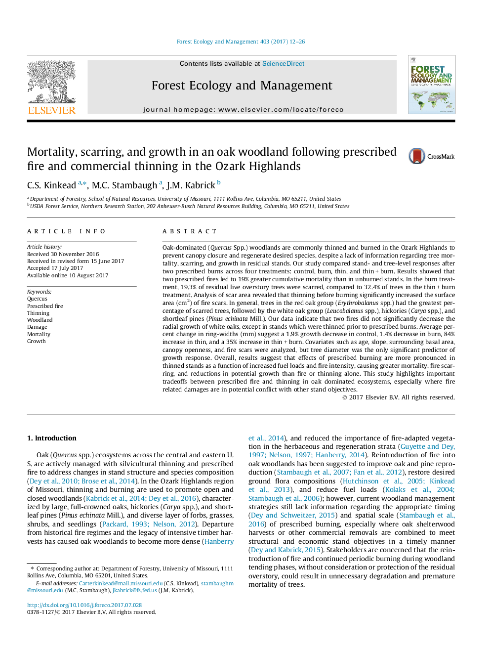 عکس صفحه اول مقاله: Mortality, scarring, and growth in an oak woodland following prescribed fire and commercial thinning in the Ozark Highlands Mortality, scarring, and growth in an oak woodland following prescribed fire and commercial thinning in the Ozark Highlands