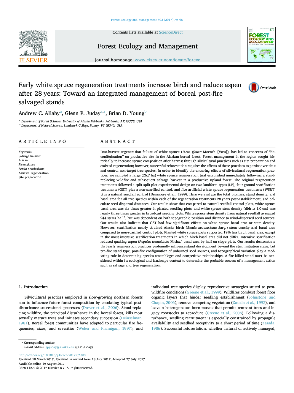 Early white spruce regeneration treatments increase birch and reduce aspen after 28 years: Toward an integrated management of boreal post-fire salvaged stands