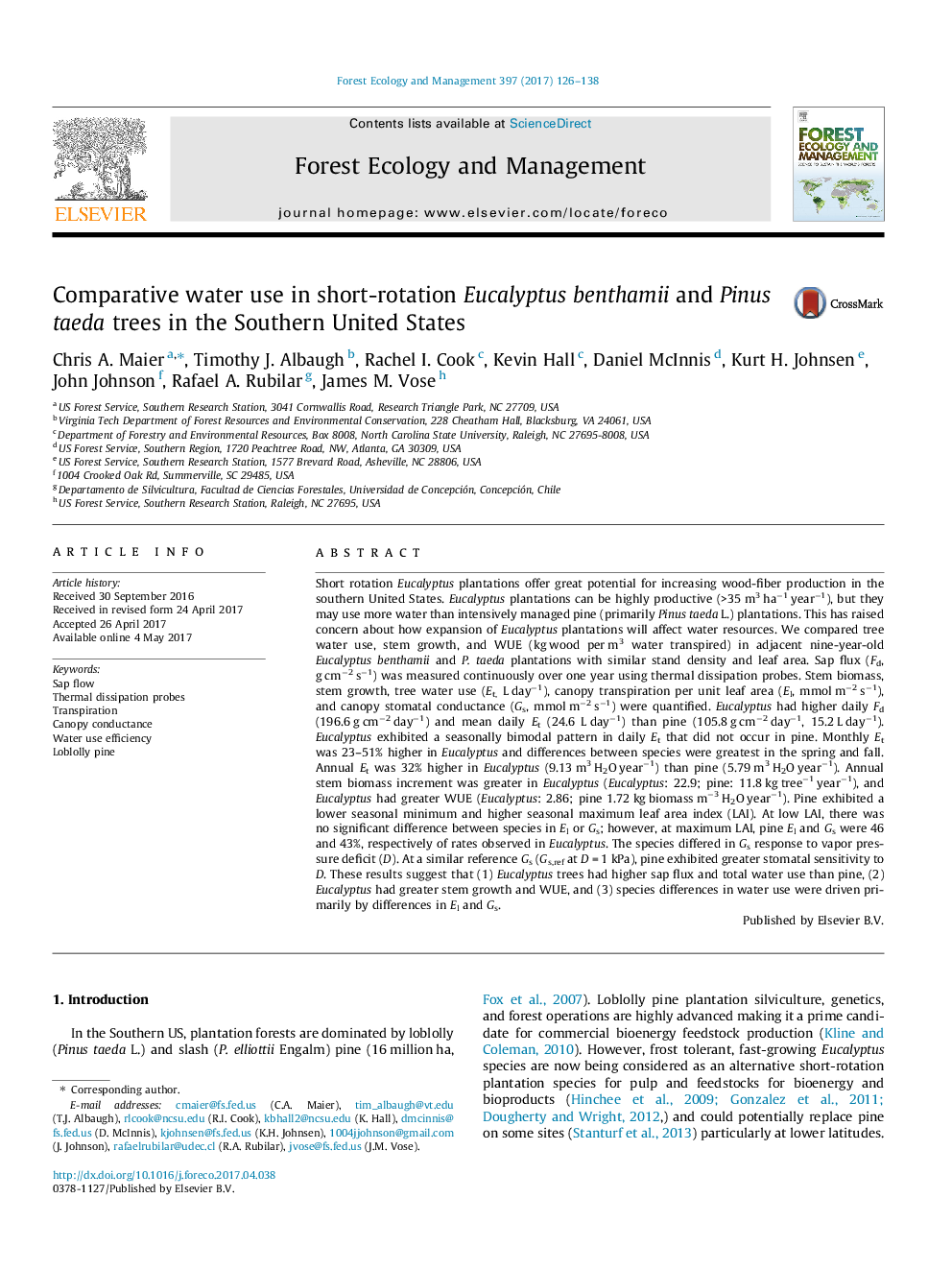 Comparative water use in short-rotation Eucalyptus benthamii and Pinus taeda trees in the Southern United States