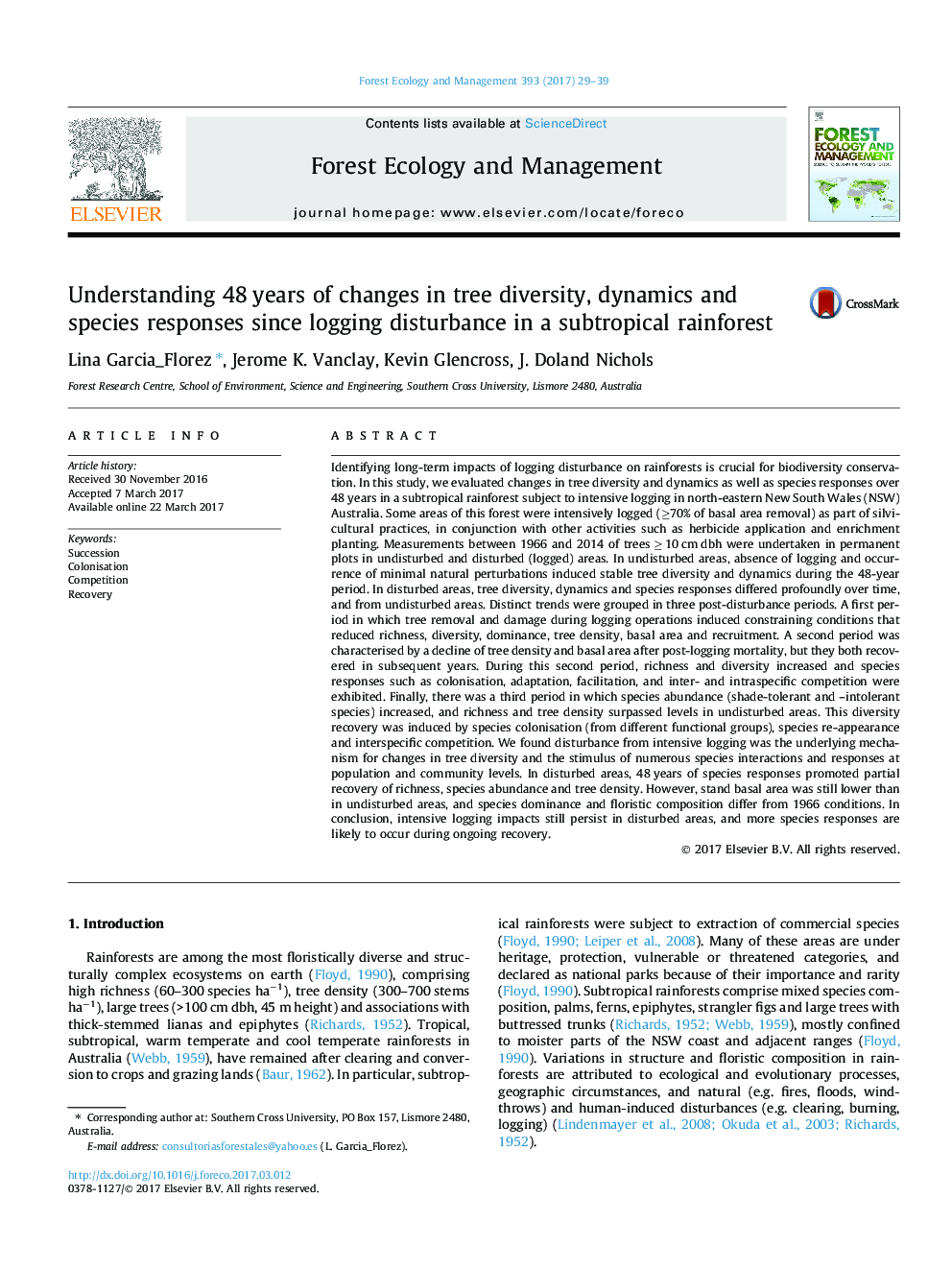 Understanding 48 years of changes in tree diversity, dynamics and species responses since logging disturbance in a subtropical rainforest