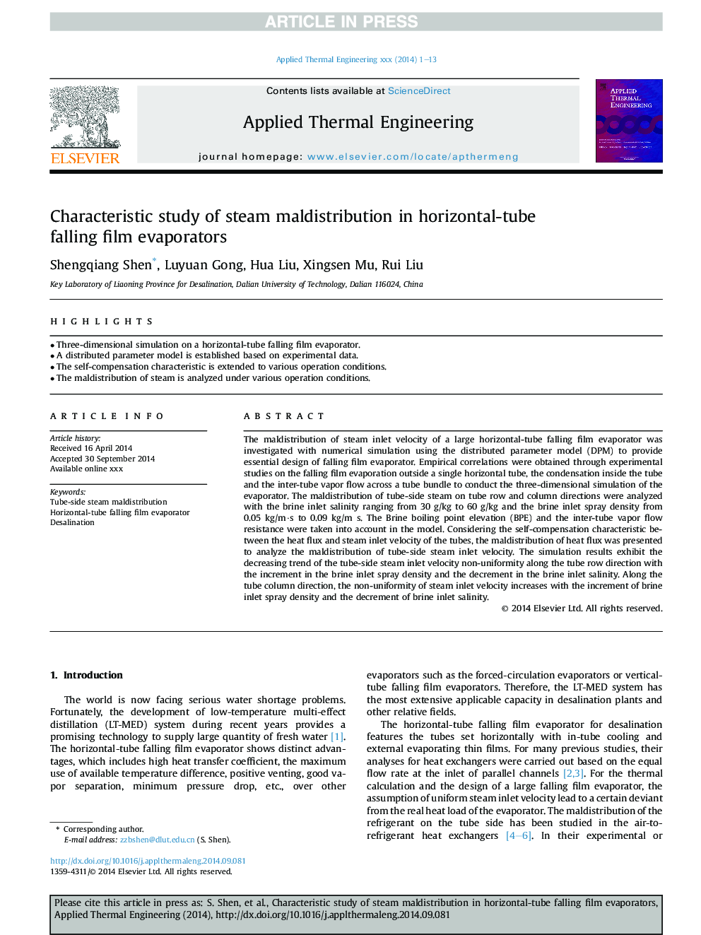 Characteristic study of steam maldistribution in horizontal-tube falling film evaporators