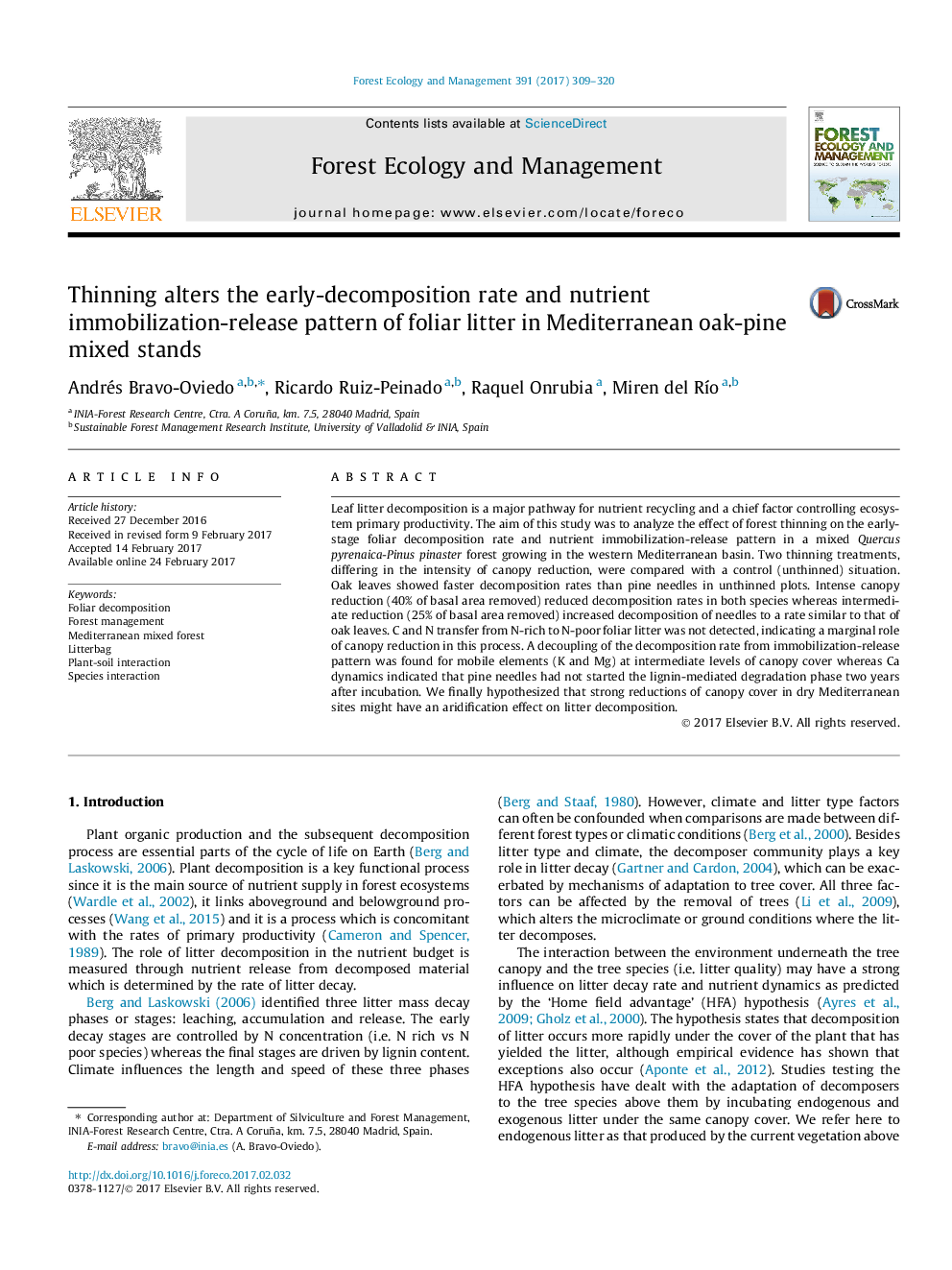 Thinning alters the early-decomposition rate and nutrient immobilization-release pattern of foliar litter in Mediterranean oak-pine mixed stands