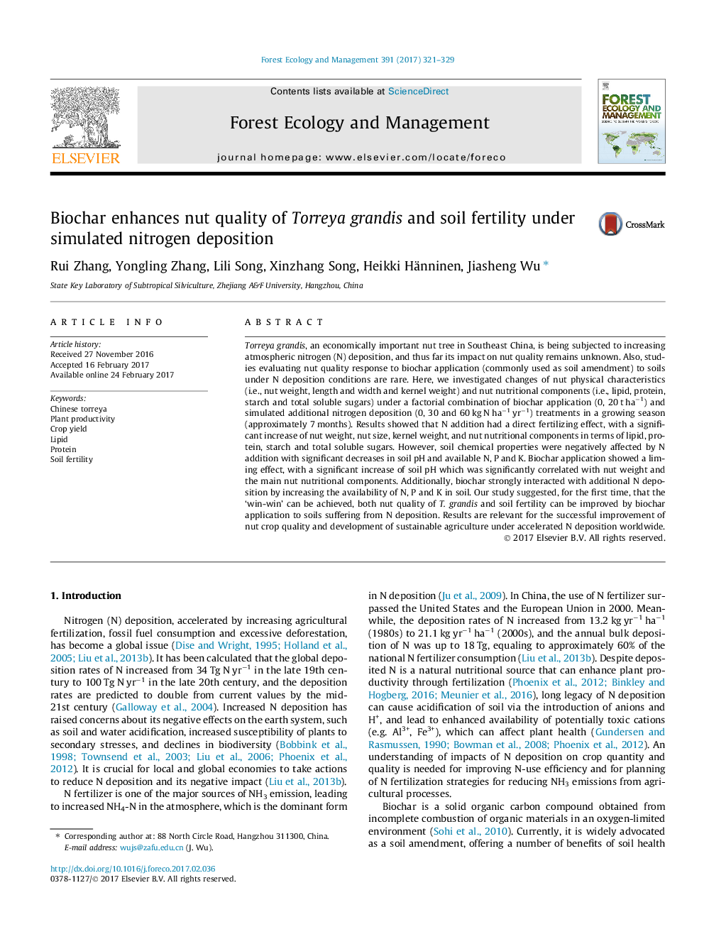 Biochar enhances nut quality of Torreya grandis and soil fertility under simulated nitrogen deposition